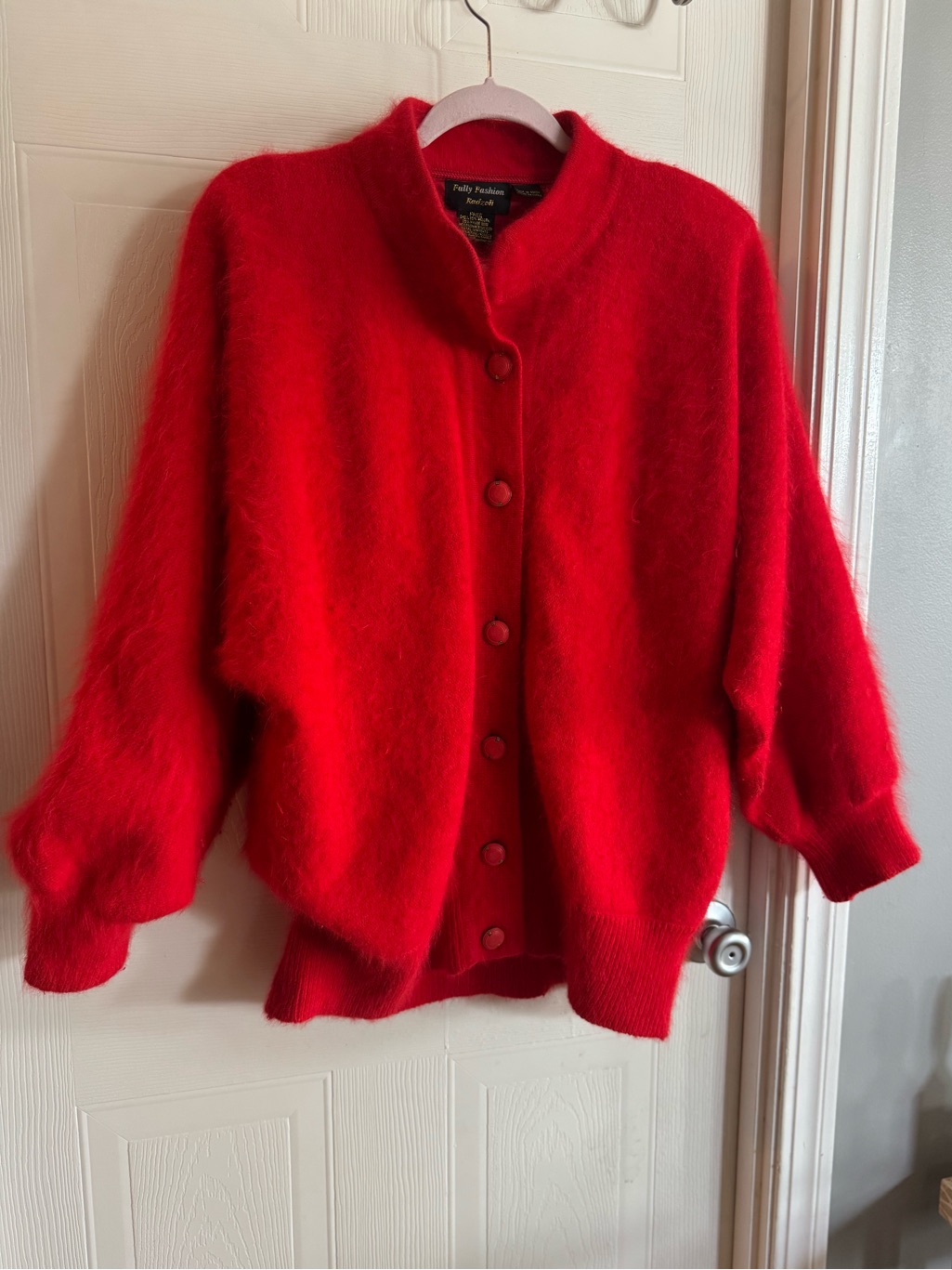 Radzoli Vintage Red 80% Angora Fuzzy Oversized Knit Cardigan Sweater Jacket M/L